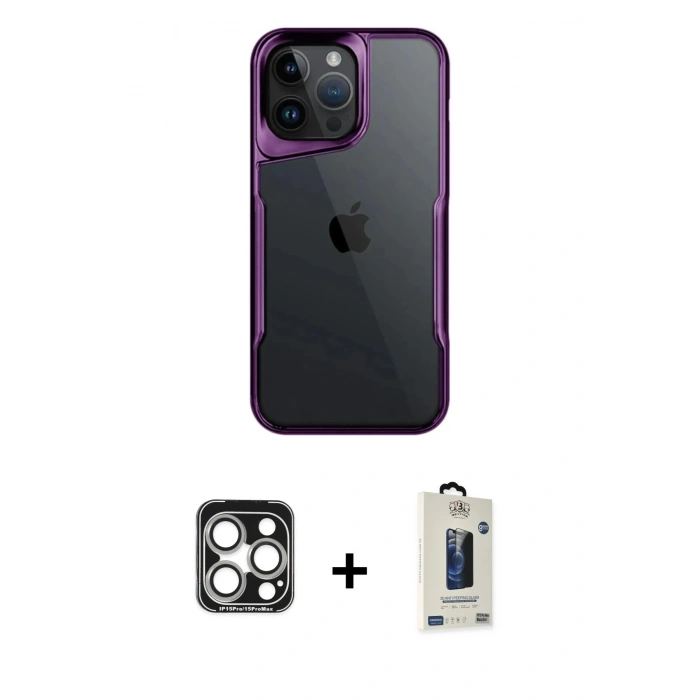 MARSİLYAN™- iPhone 15 Pro Max Kılıf Akış Çizgi Koleksiyonu - Siyah Bilvis Hayalet Cam Ekran Koruyucu + Gümüş PVD Metal Kamera Lens