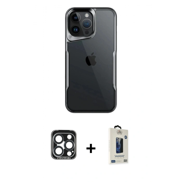 MARSİLYAN™- iPhone 15 Pro Max Kılıf Akış Çizgi Koleksiyonu - Siyah Bilvis Hayalet Cam Ekran Koruyucu + PVD Metal Kamera Lens - LT