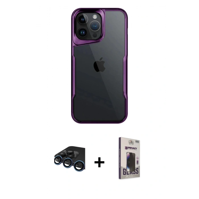 MARSİLYAN™- iPhone 15 Pro Max Kılıf Akış Çizgi Koleksiyonu - Siyah Bilvis Hayalet Cam Ekran Koruyucu + Raze Metal Kamera Lens - LT