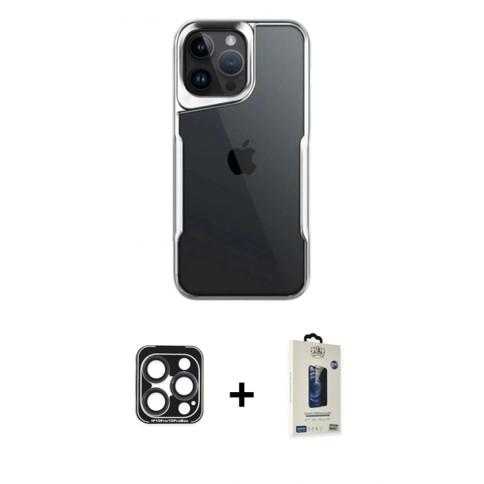 MARSİLYAN™- iPhone 15 Pro Max Kılıf Akış Çizgi Koleksiyonu - Siyah Bilvis Hayalet Cam Ekran Koruyucu + PVD Metal Kamera Lens - LT