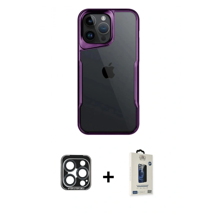 MARSİLYAN™- iPhone 15 Pro Max Kılıf Akış Çizgi Koleksiyonu - Siyah Bilvis Hayalet Cam Ekran Koruyucu + PVD Metal Kamera Lens - LT