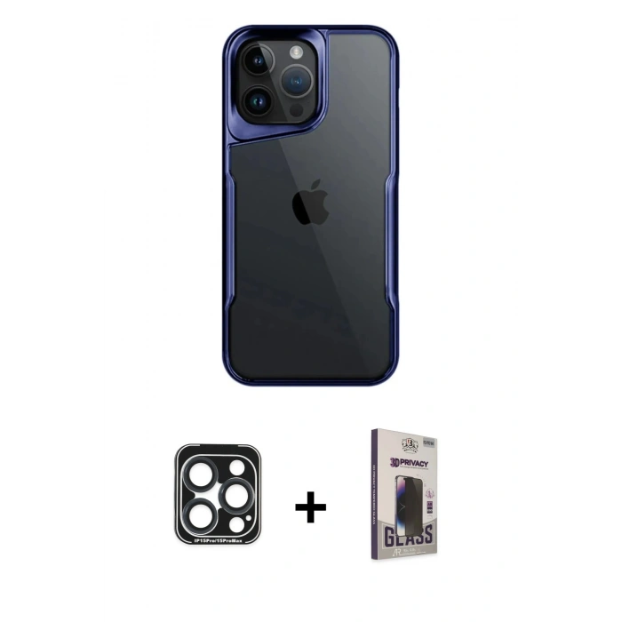 MARSİLYAN™- iPhone 15 Pro Max Kılıf Akış Çizgi Koleksiyonu - Siyah Bilvis Hayalet Cam Ekran Koruyucu + PVD Metal Kamera Lens - LT