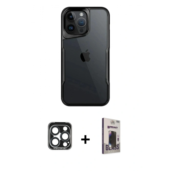 MARSİLYAN™- iPhone 15 Pro Max Kılıf Akış Çizgi Koleksiyonu - Siyah Bilvis Hayalet Cam Ekran Koruyucu + PVD Metal Kamera Lens - LT