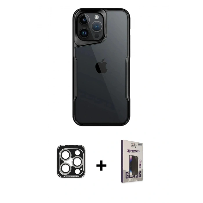 MARSİLYAN™- iPhone 15 Pro Max Kılıf Akış Çizgi Koleksiyonu - Siyah Bilvis Hayalet Cam Ekran Koruyucu + PVD Metal Kamera Lens - GS