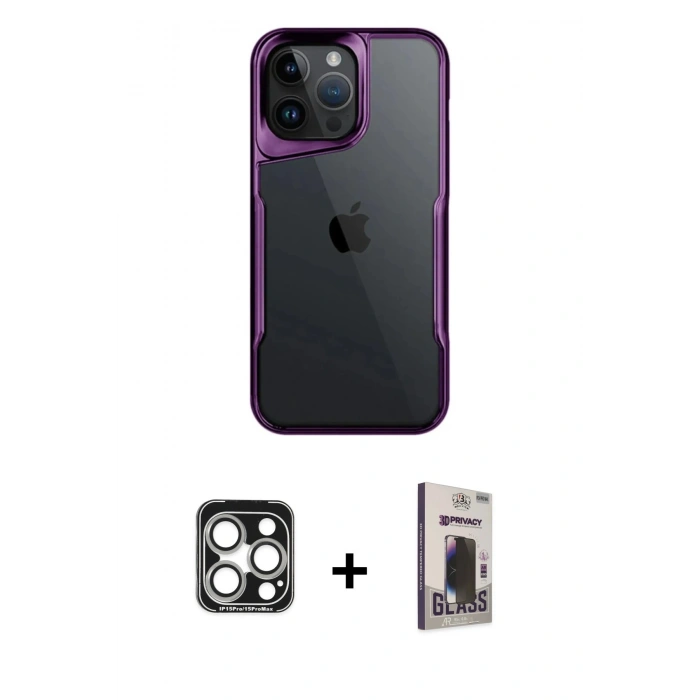 MARSİLYAN™- iPhone 15 Pro Max Kılıf Akış Çizgi Koleksiyonu - Siyah Bilvis Hayalet Cam Ekran Koruyucu + PVD Metal Kamera Lens - GS