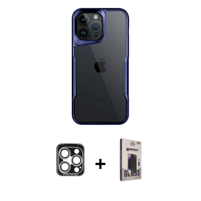 MARSİLYAN™- iPhone 15 Pro Max Kılıf Akış Çizgi Koleksiyonu - Siyah Bilvis Hayalet Cam Ekran Koruyucu + PVD Metal Kamera Lens - GS
