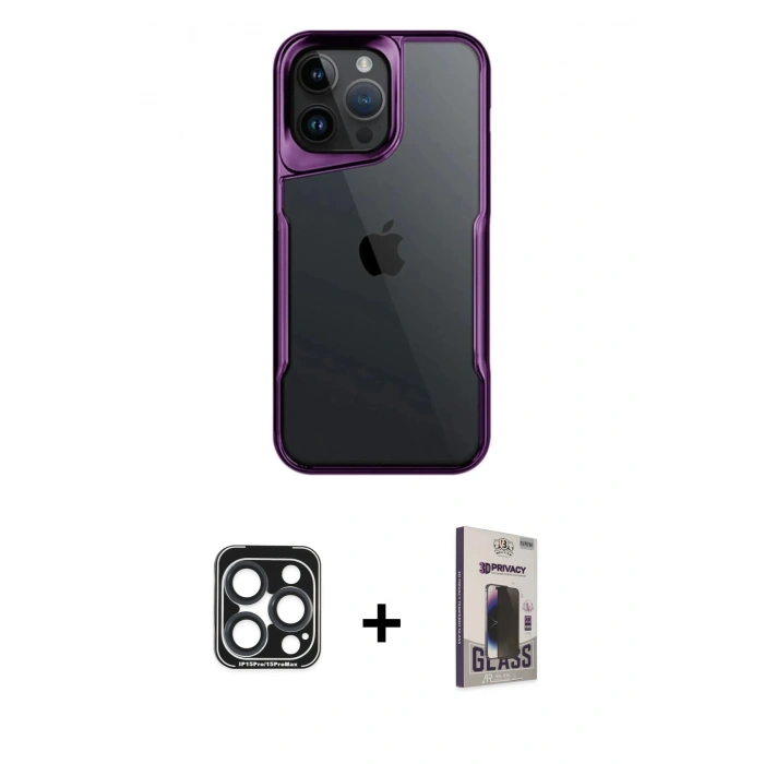 MARSİLYAN™- iPhone 15 Pro Max Kılıf Akış Çizgi Koleksiyonu - Siyah Bilvis Hayalet Cam Ekran Koruyucu + PVD Metal Kamera Lens - LT