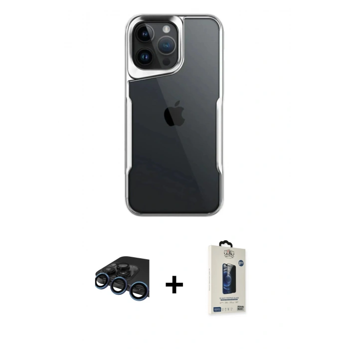 MARSİLYAN™- iPhone 15 Pro Max Kılıf Akış Çizgi Koleksiyonu - Siyah Bilvis Hayalet Cam Ekran Koruyucu + Raze Metal Kamera Lens - LT