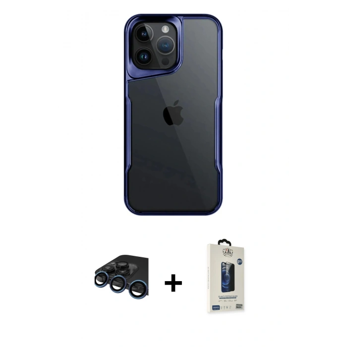 MARSİLYAN™- iPhone 15 Pro Max Kılıf Akış Çizgi Koleksiyonu - Siyah Bilvis Hayalet Cam Ekran Koruyucu + Raze Metal Kamera Lens - LT