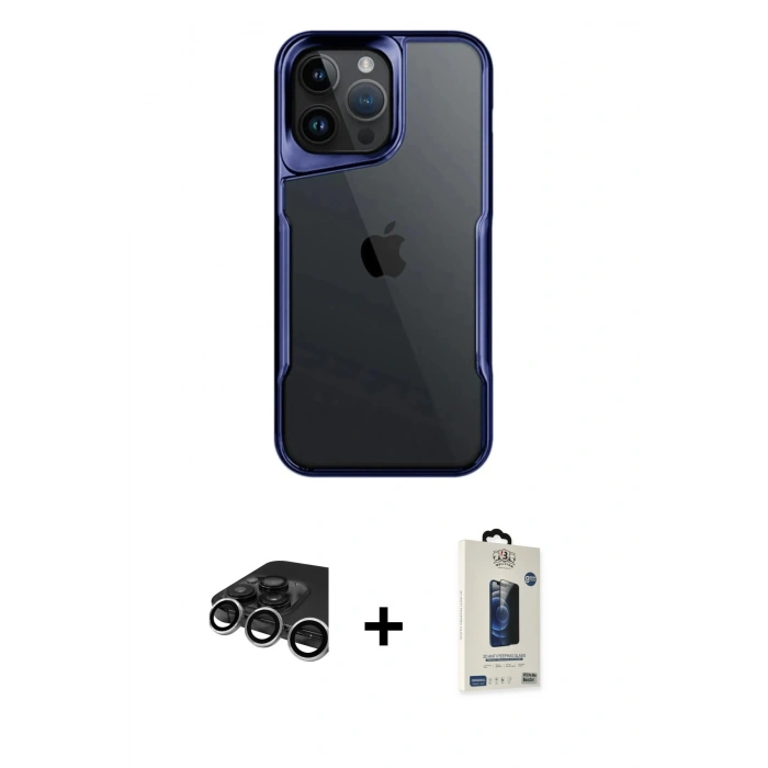 MARSİLYAN™- iPhone 15 Pro Max Kılıf Akış Çizgi Koleksiyonu - Siyah Bilvis Hayalet Cam Ekran Koruyucu + Raze Metal Kamera Lens - GS