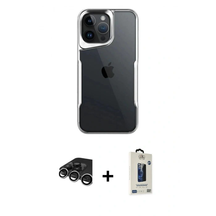 MARSİLYAN™- iPhone 15 Pro Max Kılıf Akış Çizgi Koleksiyonu - Siyah Bilvis Hayalet Cam Ekran Koruyucu + Raze Metal Kamera Lens - GS