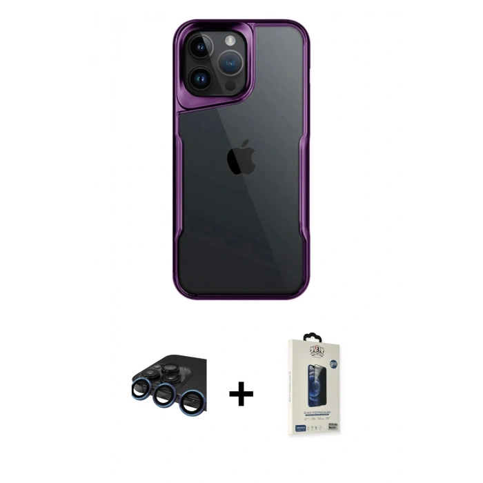 MARSİLYAN™- iPhone 15 Pro Max Kılıf Akış Çizgi Koleksiyonu - Siyah Bilvis Hayalet Cam Ekran Koruyucu + Raze Metal Kamera Lens - LT