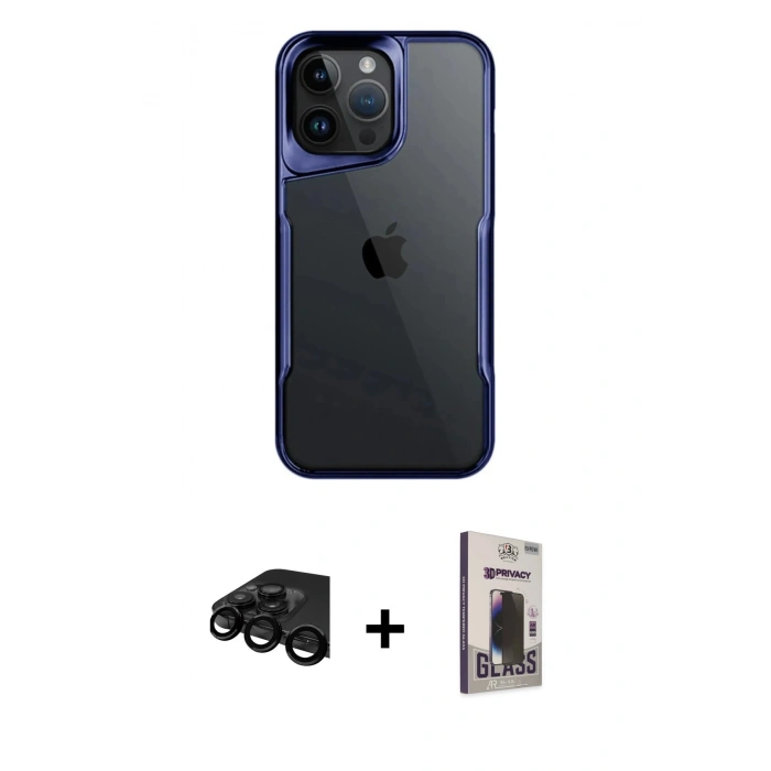 MARSİLYAN™- iPhone 15 Pro Max Kılıf Akış Çizgi Koleksiyonu - Siyah Bilvis Hayalet Cam Ekran Koruyucu + Raze Metal Kamera Lens - SH