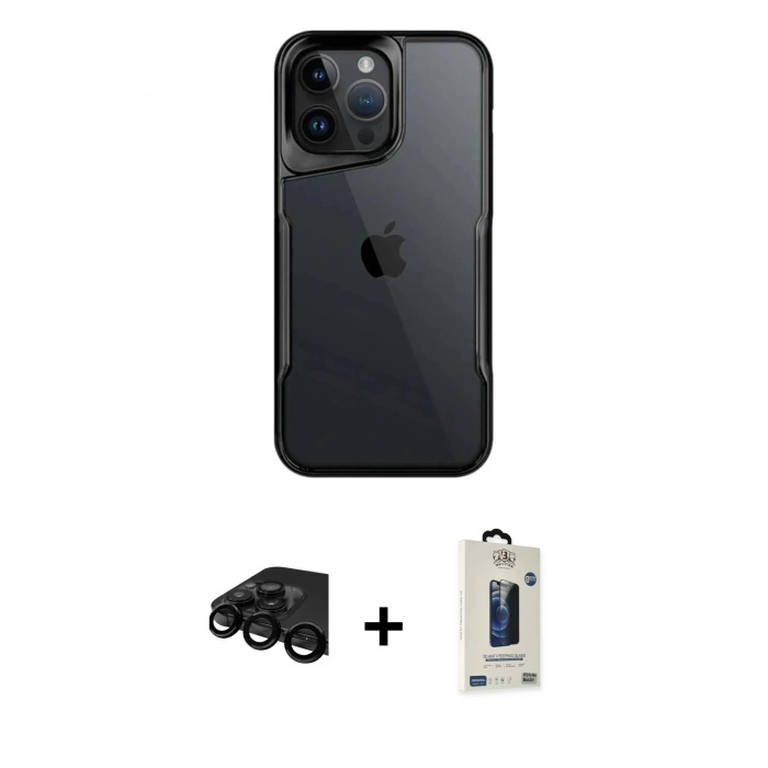 MARSİLYAN™- iPhone 15 Pro Max Kılıf Akış Çizgi Koleksiyonu - Siyah Bilvis Hayalet Cam Ekran Koruyucu + Raze Metal Kamera Lens - SH