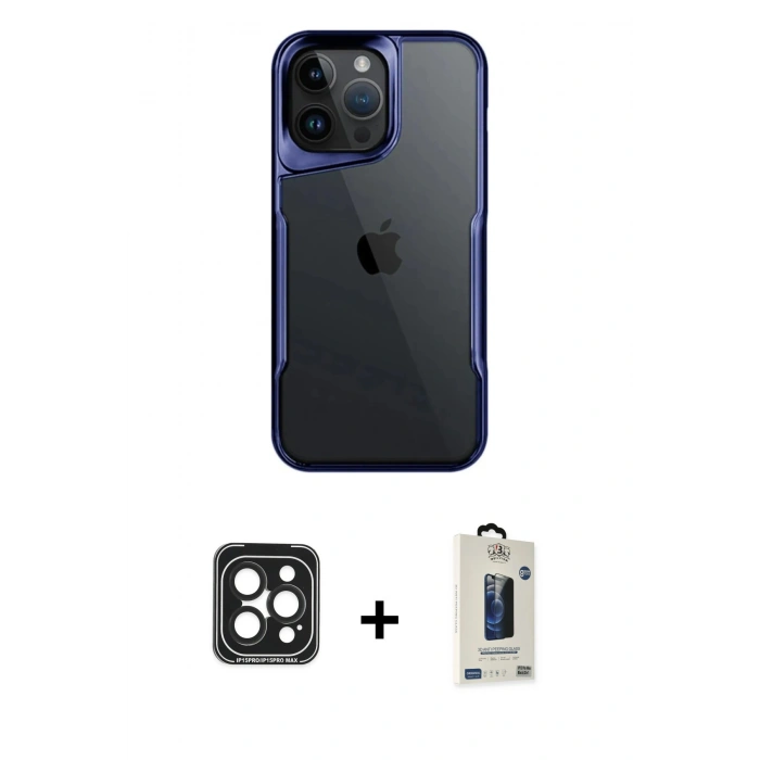MARSİLYAN™- iPhone 15 Pro Max Kılıf Akış Çizgi Koleksiyonu - Siyah Bilvis Hayalet Cam Ekran Koruyucu + PVD Metal Kamera Lens - SH