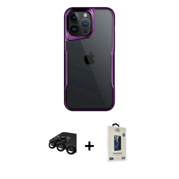 MARSİLYAN™- iPhone 15 Pro Max Kılıf Akış Çizgi Koleksiyonu - Siyah Bilvis Hayalet Cam Ekran Koruyucu + Raze Metal Kamera Lens - SH
