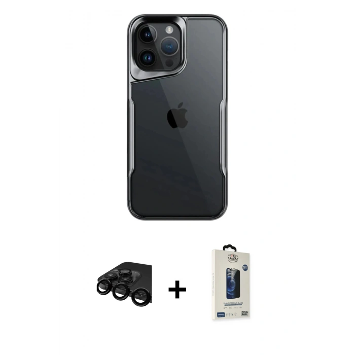 MARSİLYAN™- iPhone 15 Pro Max Kılıf Akış Çizgi Koleksiyonu - Siyah Bilvis Hayalet Cam Ekran Koruyucu + Raze Metal Kamera Lens - SH