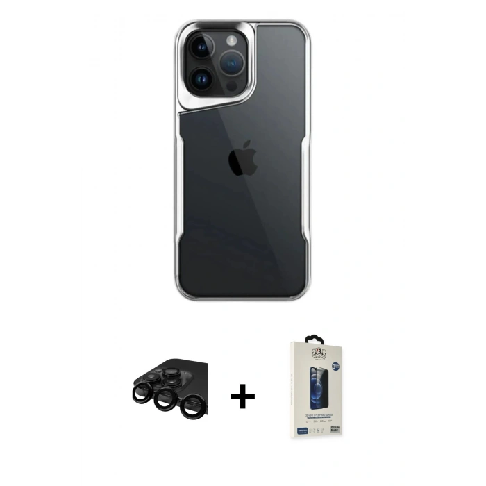MARSİLYAN™- iPhone 15 Pro Max Kılıf Akış Çizgi Koleksiyonu - Siyah Bilvis Hayalet Cam Ekran Koruyucu + Raze Metal Kamera Lens - SH