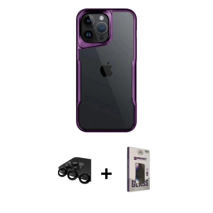 MARSİLYAN™- iPhone 15 Pro Max Kılıf Akış Çizgi Koleksiyonu - Siyah Bilvis Hayalet Cam Ekran Koruyucu + Raze Metal Kamera Lens - SH