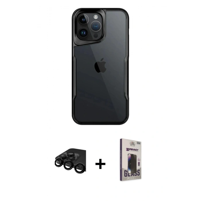MARSİLYAN™- iPhone 15 Pro Max Kılıf Akış Çizgi Koleksiyonu - Siyah Bilvis Hayalet Cam Ekran Koruyucu + Raze Metal Kamera Lens - SH
