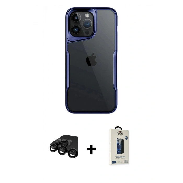 MARSİLYAN™- iPhone 15 Pro Max Kılıf Akış Çizgi Koleksiyonu - Siyah Bilvis Hayalet Cam Ekran Koruyucu + Raze Metal Kamera Lens - SH