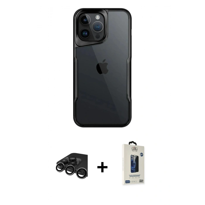 MARSİLYAN™- iPhone 15 Pro Max Kılıf Akış Çizgi Koleksiyonu - Siyah Bilvis Hayalet Cam Ekran Koruyucu + Raze Metal Kamera Lens - TMGI