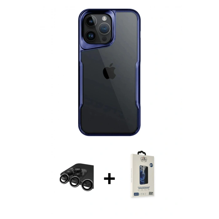 MARSİLYAN™- iPhone 15 Pro Max Kılıf Akış Çizgi Koleksiyonu - Siyah Bilvis Hayalet Cam Ekran Koruyucu + Raze Metal Kamera Lens - TMGI