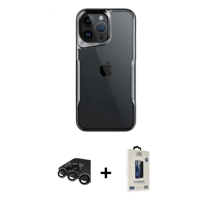 MARSİLYAN™- iPhone 15 Pro Max Kılıf Akış Çizgi Koleksiyonu - Siyah Bilvis Hayalet Cam Ekran Koruyucu + Raze Metal Kamera Lens - TMGI