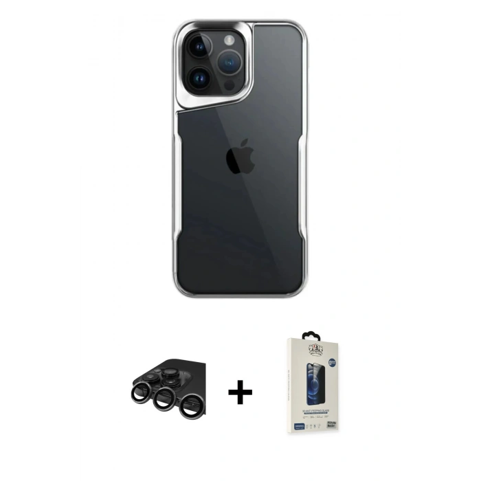 MARSİLYAN™- iPhone 15 Pro Max Kılıf Akış Çizgi Koleksiyonu - Siyah Bilvis Hayalet Cam Ekran Koruyucu + Raze Metal Kamera Lens - TMGI