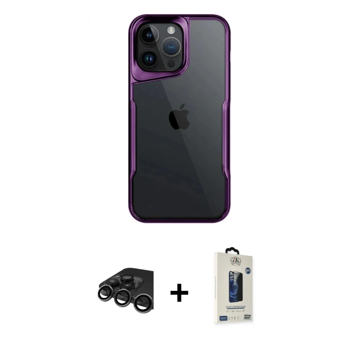 MARSİLYAN™- iPhone 15 Pro Max Kılıf Akış Çizgi Koleksiyonu - Siyah Bilvis Hayalet Cam Ekran Koruyucu + Raze Metal Kamera Lens - TMGI