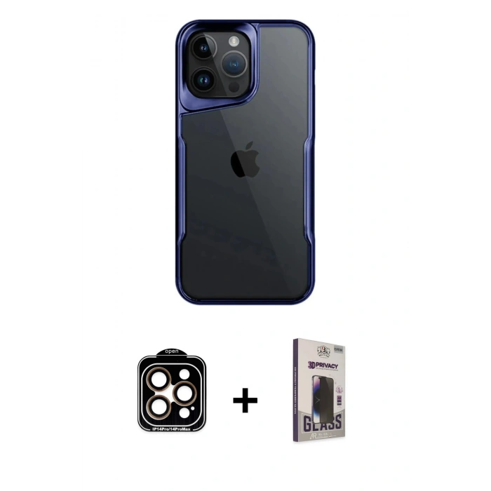 MARSİLYAN™- iPhone 15 Pro Max Kılıf Akış Çizgi Koleksiyonu - Siyah Bilvis Hayalet Cam Ekran Koruyucu + PVD Metal Kamera Lens - TU