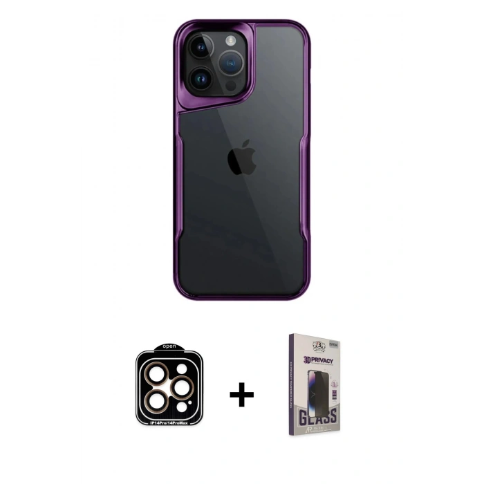 MARSİLYAN™- iPhone 15 Pro Max Kılıf Akış Çizgi Koleksiyonu - Siyah Bilvis Hayalet Cam Ekran Koruyucu + PVD Metal Kamera Lens - TU
