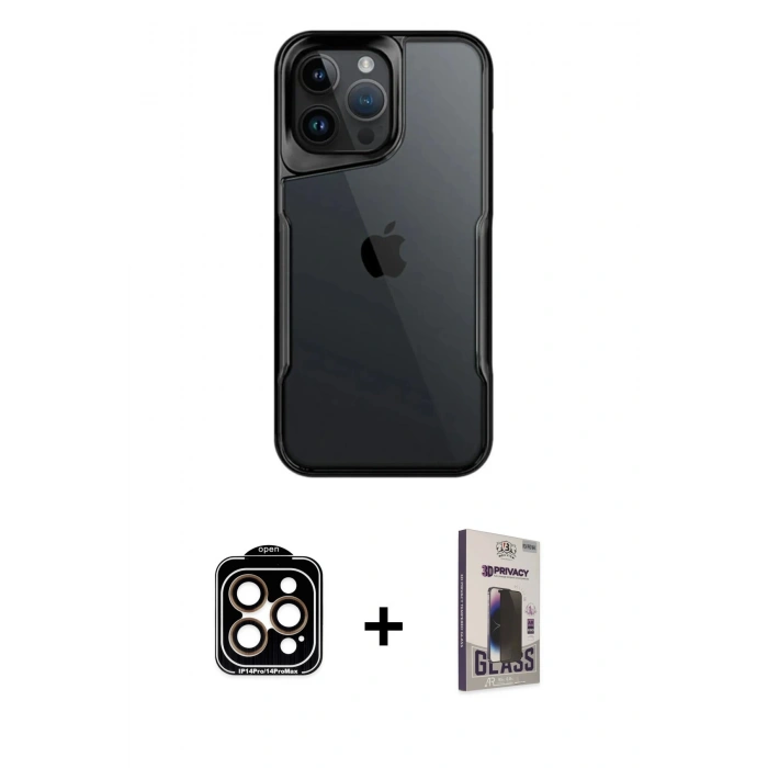 MARSİLYAN™- iPhone 15 Pro Max Kılıf Akış Çizgi Koleksiyonu - Siyah Bilvis Hayalet Cam Ekran Koruyucu + PVD Metal Kamera Lens - TU