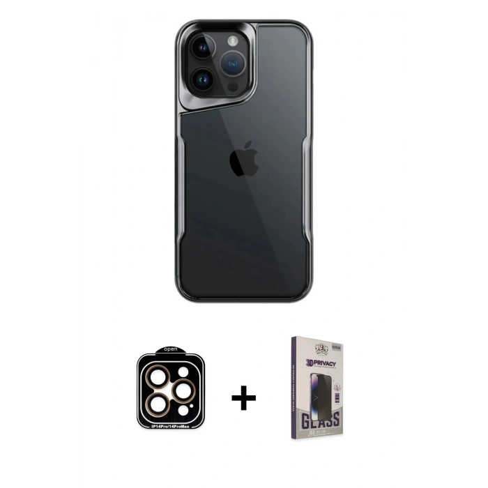 MARSİLYAN™- iPhone 15 Pro Max Kılıf Akış Çizgi Koleksiyonu - Siyah Bilvis Hayalet Cam Ekran Koruyucu + PVD Metal Kamera Lens - TU