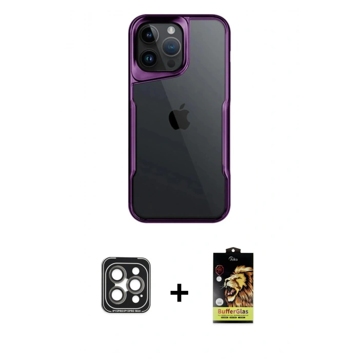 MARSİLYAN™- iPhone 15 Pro Max Kılıf Akış Çizgi Koleksiyonu - Siyah Buffer Cam Ekran Koruyucu + PVD Metal Kamera Lens - GI