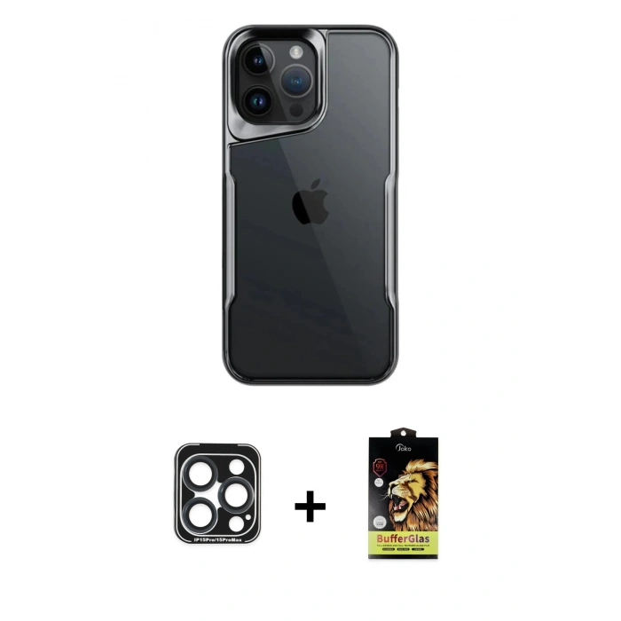 MARSİLYAN™- iPhone 15 Pro Max Kılıf Akış Çizgi Koleksiyonu - Siyah Buffer Cam Ekran Koruyucu + PVD Metal Kamera Lens - LT