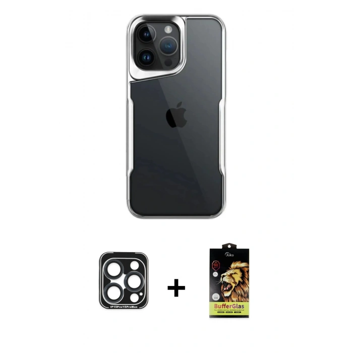 MARSİLYAN™- iPhone 15 Pro Max Kılıf Akış Çizgi Koleksiyonu - Siyah Buffer Cam Ekran Koruyucu + PVD Metal Kamera Lens - LT