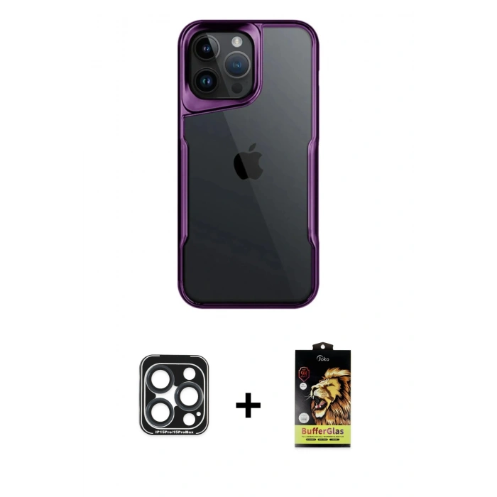 MARSİLYAN™- iPhone 15 Pro Max Kılıf Akış Çizgi Koleksiyonu - Siyah Buffer Cam Ekran Koruyucu + PVD Metal Kamera Lens - LT