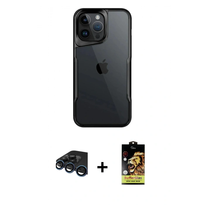 MARSİLYAN™- iPhone 15 Pro Max Kılıf Akış Çizgi Koleksiyonu - Siyah Buffer Cam Ekran Koruyucu + Raze Metal Kamera Lens - LT