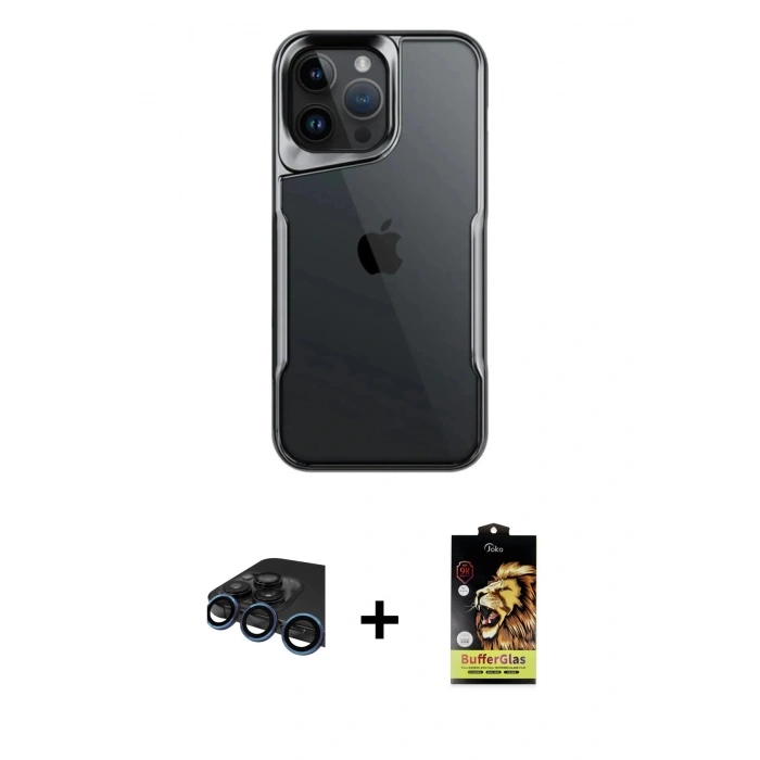 MARSİLYAN™- iPhone 15 Pro Max Kılıf Akış Çizgi Koleksiyonu - Siyah Buffer Cam Ekran Koruyucu + Raze Metal Kamera Lens - LT
