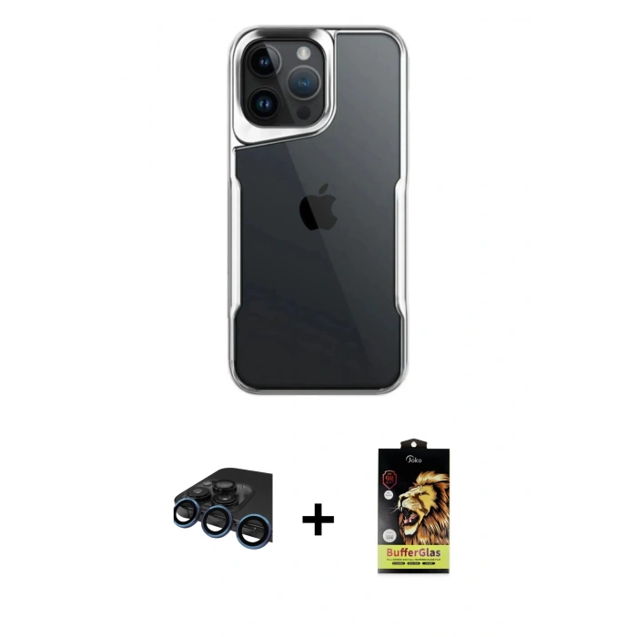 MARSİLYAN™- iPhone 15 Pro Max Kılıf Akış Çizgi Koleksiyonu - Siyah Buffer Cam Ekran Koruyucu + Raze Metal Kamera Lens - LT