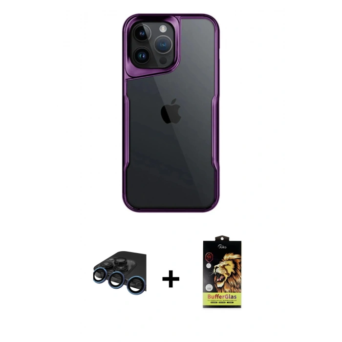 MARSİLYAN™- iPhone 15 Pro Max Kılıf Akış Çizgi Koleksiyonu - Siyah Buffer Cam Ekran Koruyucu + Raze Metal Kamera Lens - LT