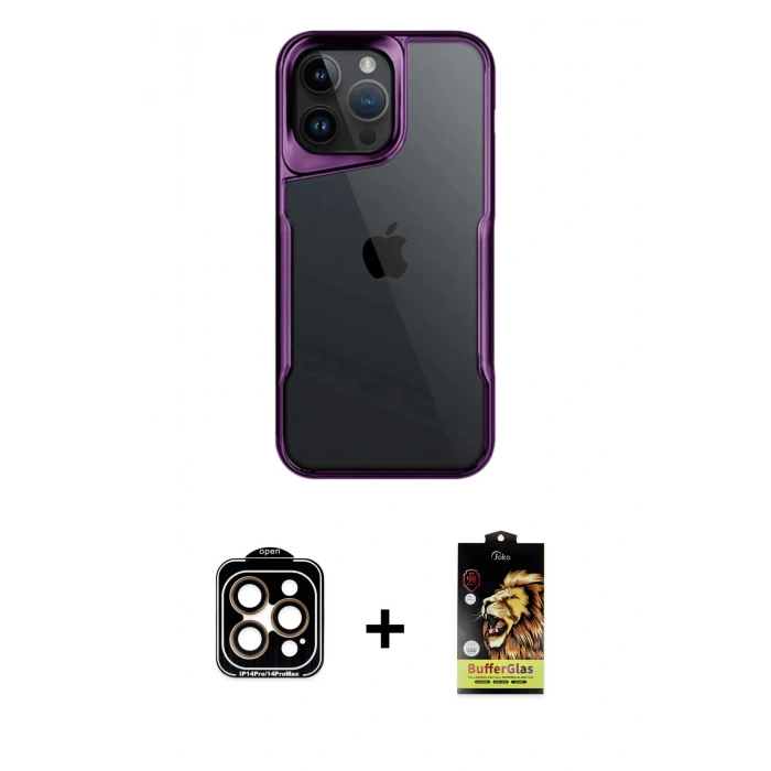 MARSİLYAN™- iPhone 15 Pro Max Kılıf Akış Çizgi Koleksiyonu - Siyah Buffer Cam Ekran Koruyucu + PVD Metal Kamera Lens - TU