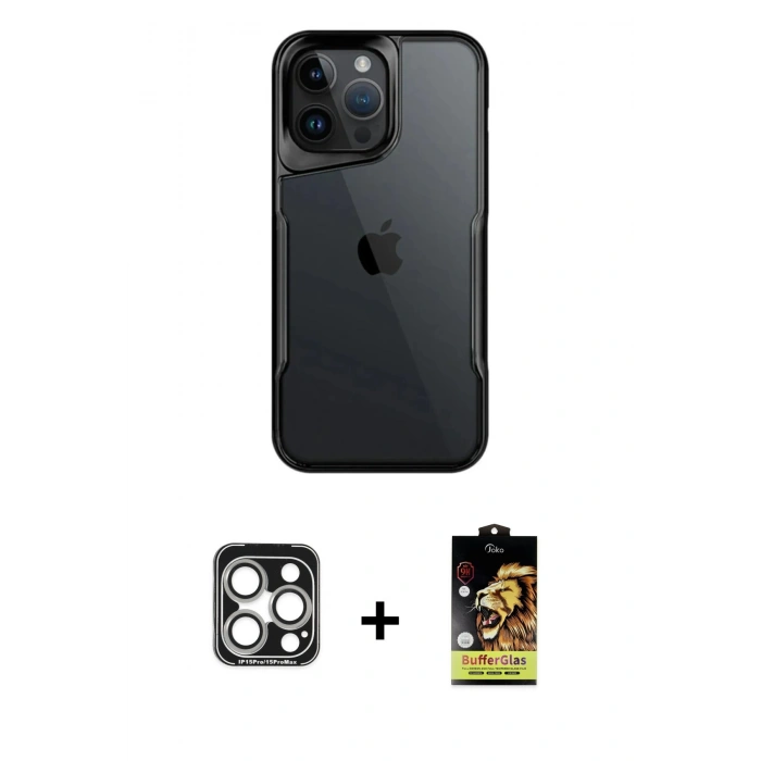 MARSİLYAN™- iPhone 15 Pro Max Kılıf Akış Çizgi Koleksiyonu - Siyah Buffer Cam Ekran Koruyucu + PVD Metal Kamera Lens - GS