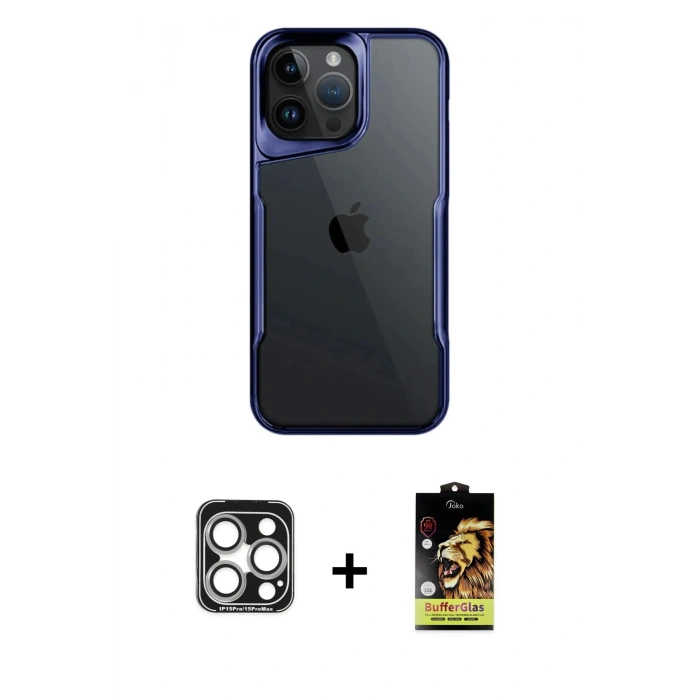 MARSİLYAN™- iPhone 15 Pro Max Kılıf Akış Çizgi Koleksiyonu - Siyah Buffer Cam Ekran Koruyucu + PVD Metal Kamera Lens - GS