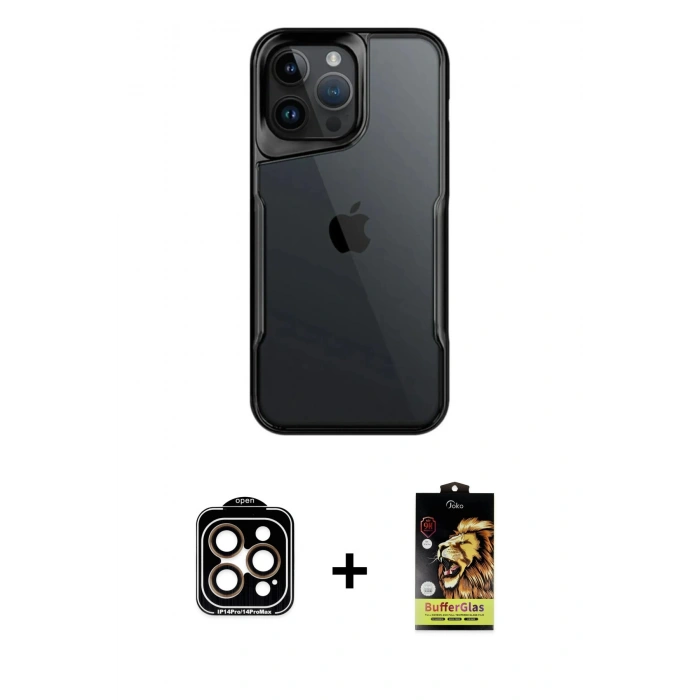 MARSİLYAN™- iPhone 15 Pro Max Kılıf Akış Çizgi Koleksiyonu - Siyah Buffer Cam Ekran Koruyucu + PVD Metal Kamera Lens - TU