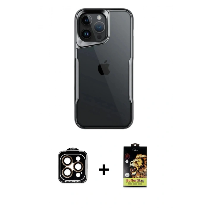 MARSİLYAN™- iPhone 15 Pro Max Kılıf Akış Çizgi Koleksiyonu - Siyah Buffer Cam Ekran Koruyucu + PVD Metal Kamera Lens - TU