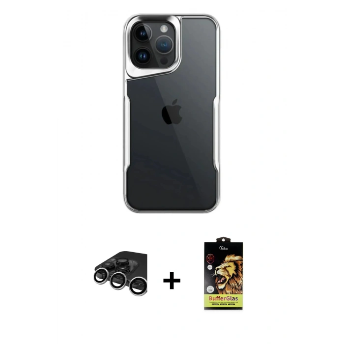 MARSİLYAN™- iPhone 15 Pro Max Kılıf Akış Çizgi Koleksiyonu - Siyah Buffer Cam Ekran Koruyucu + Raze Metal Kamera Lens - GS