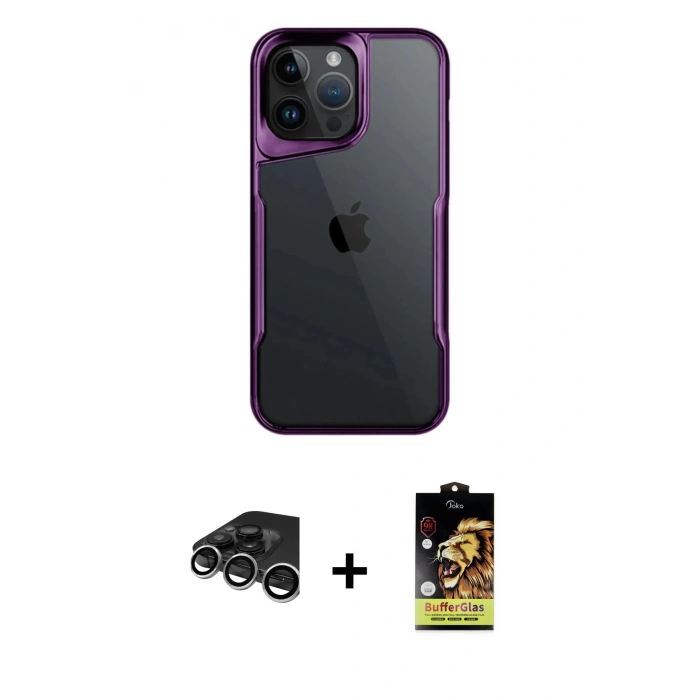 MARSİLYAN™- iPhone 15 Pro Max Kılıf Akış Çizgi Koleksiyonu - Siyah Buffer Cam Ekran Koruyucu + Raze Metal Kamera Lens - GS