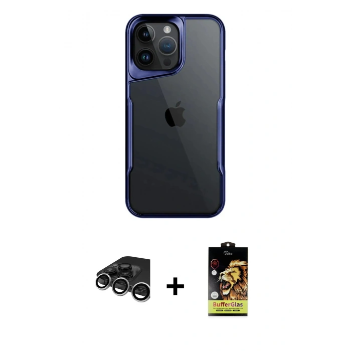 MARSİLYAN™- iPhone 15 Pro Max Kılıf Akış Çizgi Koleksiyonu - Siyah Buffer Cam Ekran Koruyucu + Raze Metal Kamera Lens - GS